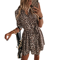 Women's Vintage Aesthetic Mini Dress Short Sleeve Leopard Printed Elegant Shirt Button with Belt Office Casual Party Dress