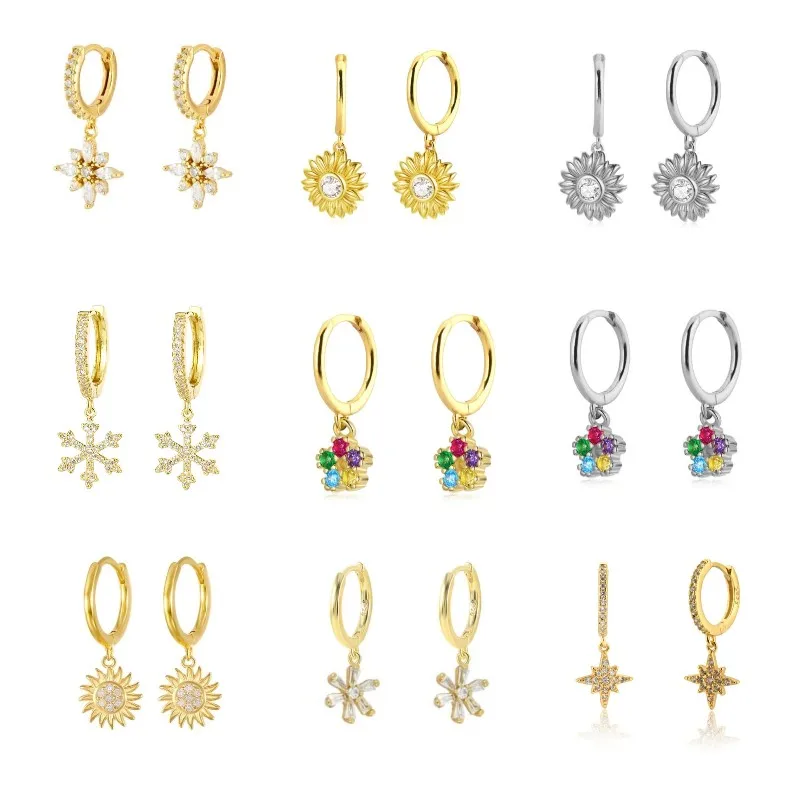 Korean Fashion Multiple Hangs Flowers Drop Earring for Women Colorful Cubic Zirconia Pendant Piercing Jewelry Accessories
