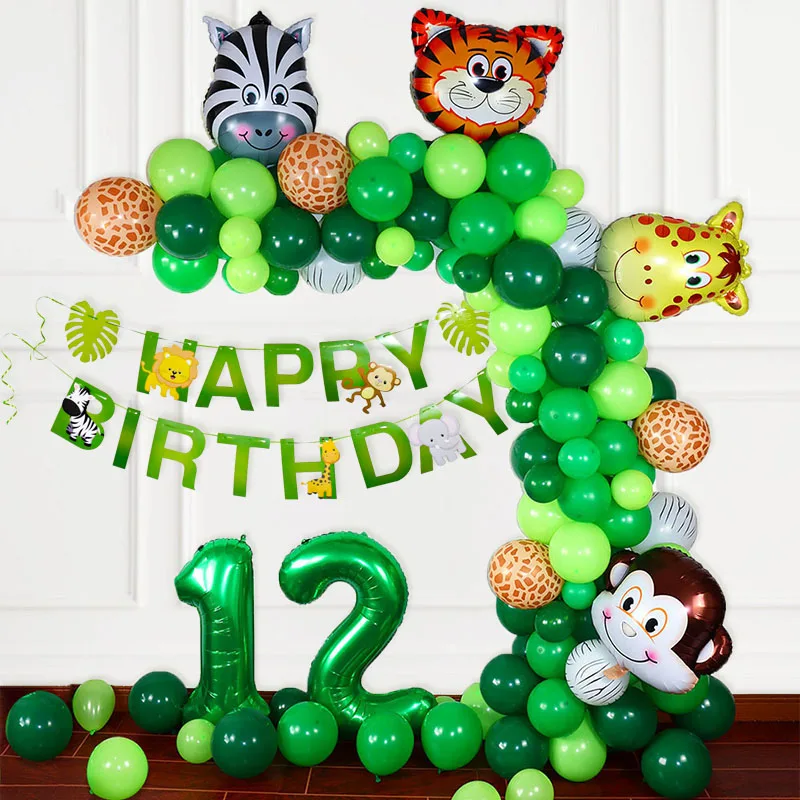 Birthday Balloon Garland Arch Kit para Crianças, Folhas de Palmeira, Selva Safari Festa, Baby Shower Banner, Balão Animal, 1 Ano, 2 Anos, 3 Anos de