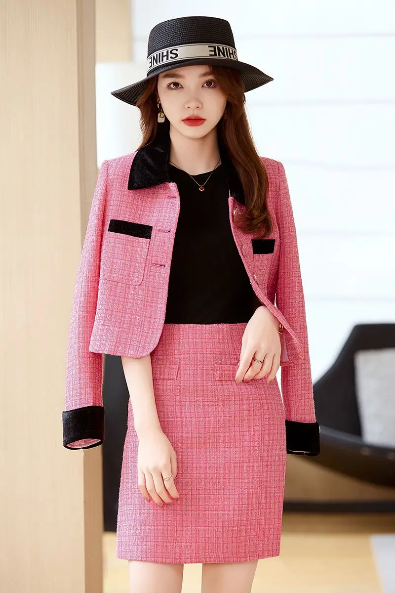 

Insozkdg Spring/Autumn New Korean Fashion Polo Collar Short Coat Top Slimming Mini Skirt Set Pink Two Piece Set Women Outfits