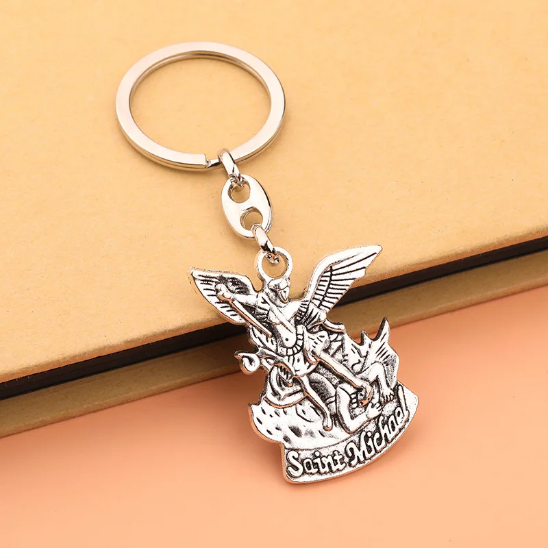 Silver Angel Saint Michael Archangel Keychain Pendant for Keys Catholic Christ Pray For Us Key Ring Religious Souvenir Gift