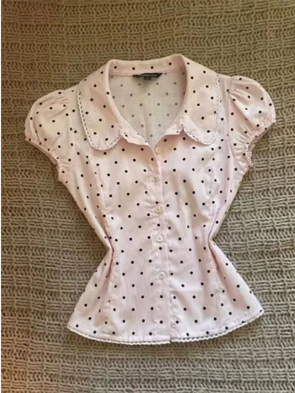 

French Style Polka Dot Short Sleeve Shirt Women's Slim Fit Bubble Sleeve Sweet Girl Versatile Waist Cinched Summer Shirt