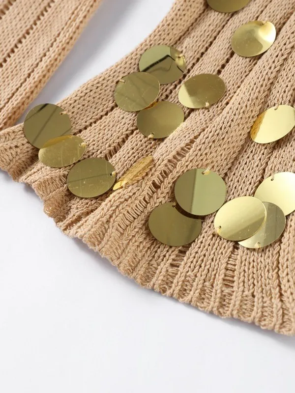 반짝이는 스팽글 딥 V넥 벨티드 니트 롱 드레스 봄 가을 시스루 우아한 여성스러운 스타일 하이웨이스트 롱 드레스