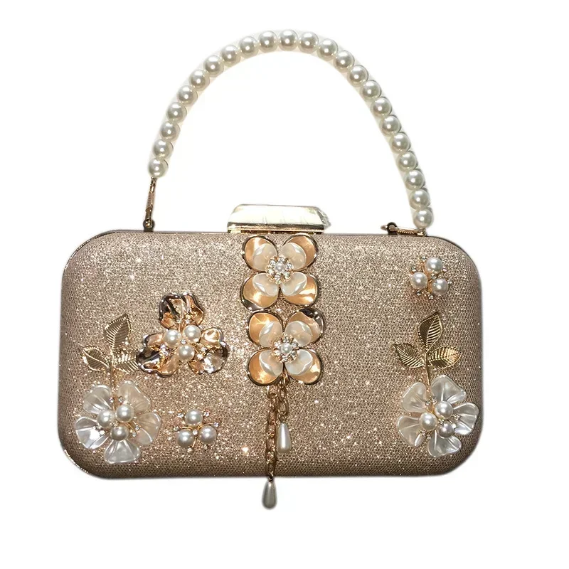 Women's Champange Golden Handbag Formal Party Diamond Pearl Petal Chain Tassel Evening Bag Metal Flower Sqaure Clutch Bag Shinny