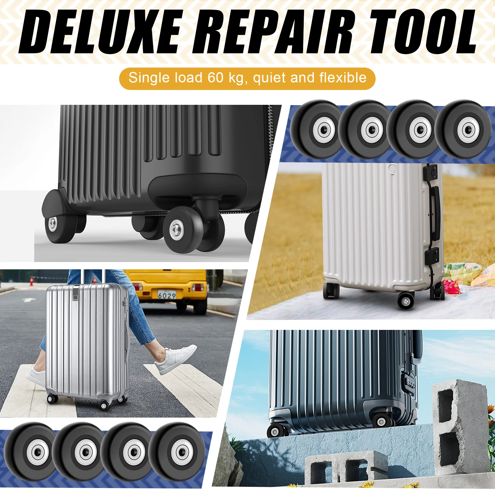 ABFS OD 50mm 4 Sets of Luggage Suitcase Replacement Wheels Axles Deluxe Repair Tool