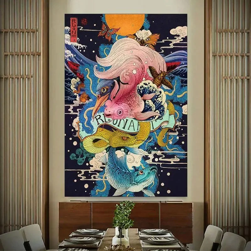VIKAMA Ukiyo-e Style Wall Tapestry Japanese Geisha Octopus Sea Creature Pattern Large Fabric Wall Blanket for Indoor Room Decor