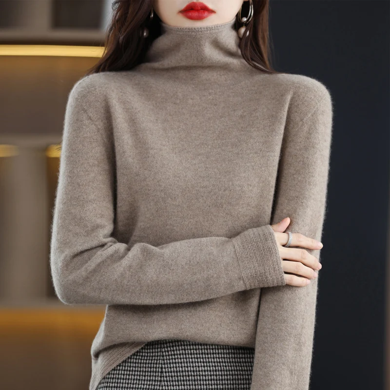 Women\'s sweater autumn/winter 100% pure wool sweater casual solid knitted Tops turtleneck pullover loose basic bottom Blouse