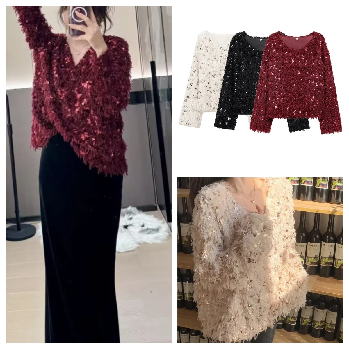 

European and American style atmosphere feather sequin pullover long-sleeved sweater women's new heavy-duty design top