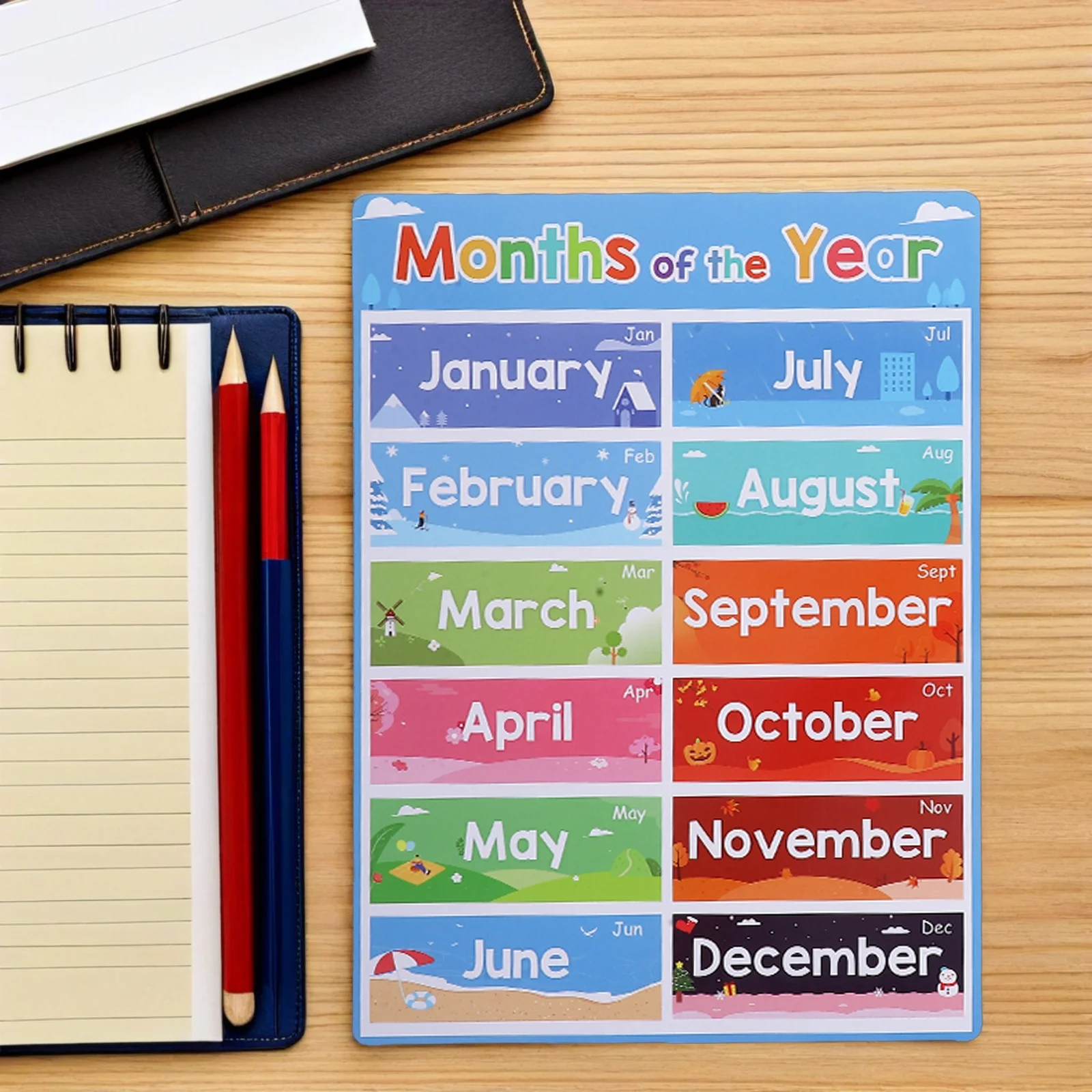 12Pcs Colorful Kids Learning Posters Educational Alphabet Animals Fruits Months Preschool Classroom Wall Decor Toddler Teaching