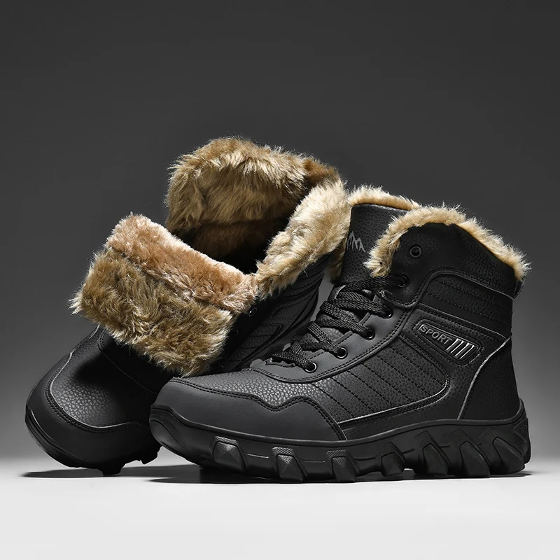 Men's Fur Lined Snow Boots Warm Thermal Lace-Up Winter Outdoor Plus Size