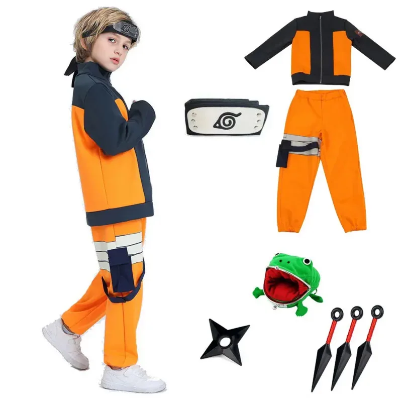 Disfraz de Uzumaki Akatsuki para niños y niñas, chaqueta de Uzumaki, pantalones, diadema, billetera de rana, uniforme infantil, disfraz de Halloween Kunai