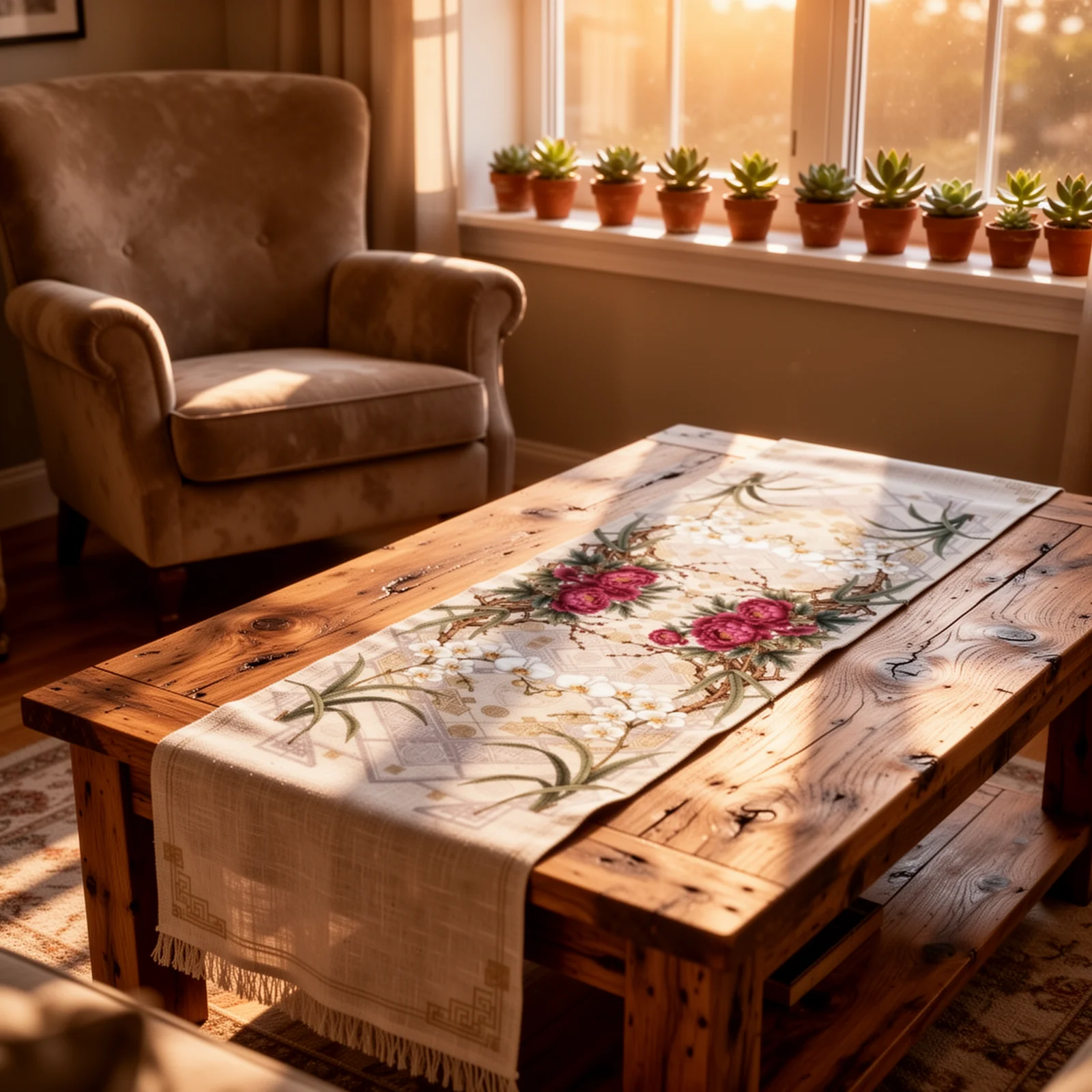 Chinese Style Flower Table Runner 13x72 Inch Linen Farmhouse Decor Easy Clean Ironable Elegant Dining Decor for 4-6 Seats Long