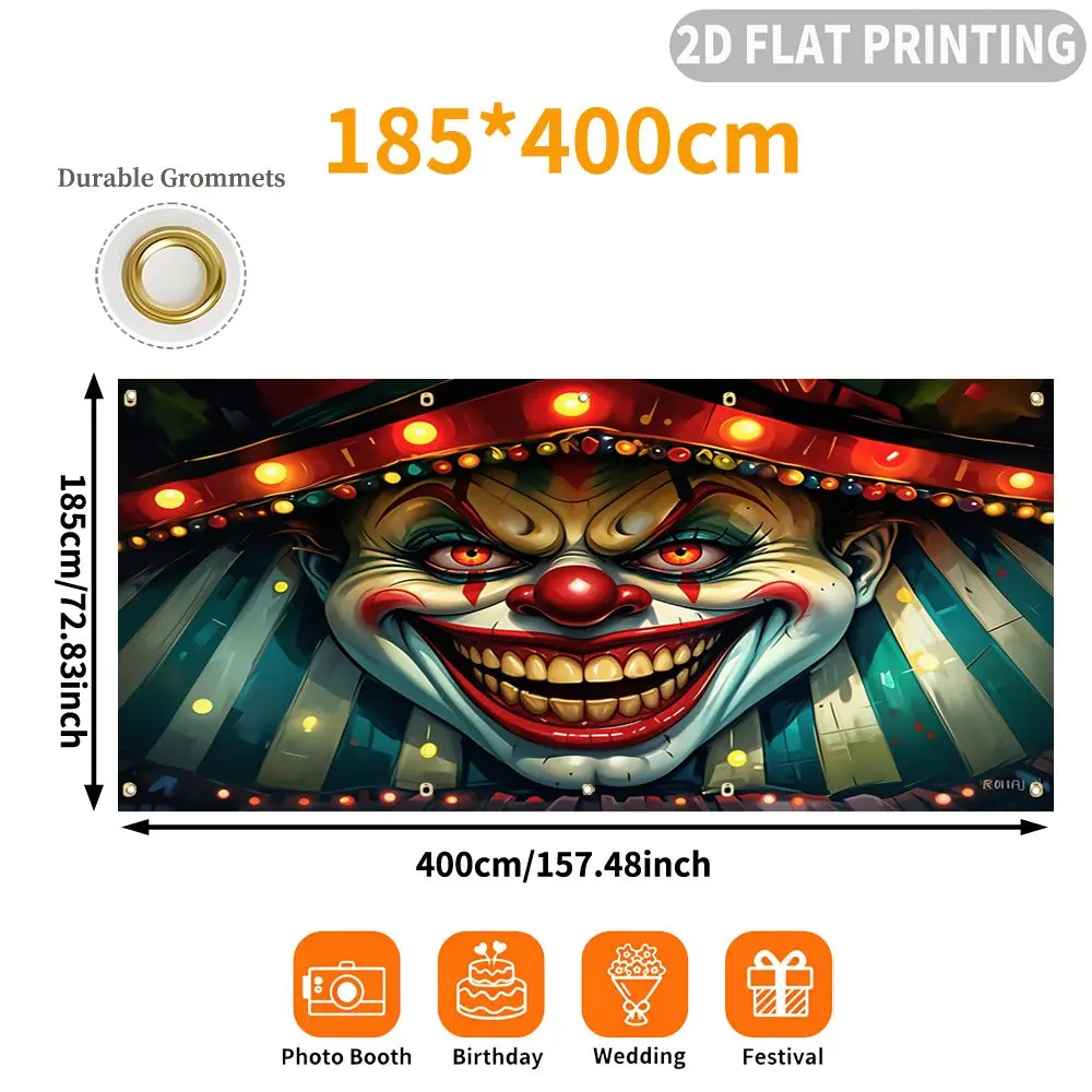 1pc 2D FLAT Halloween Party Garage Banner, Scary Clown Face Carnival Theme Print Pattern, No Power Need, for Garage Door Decor