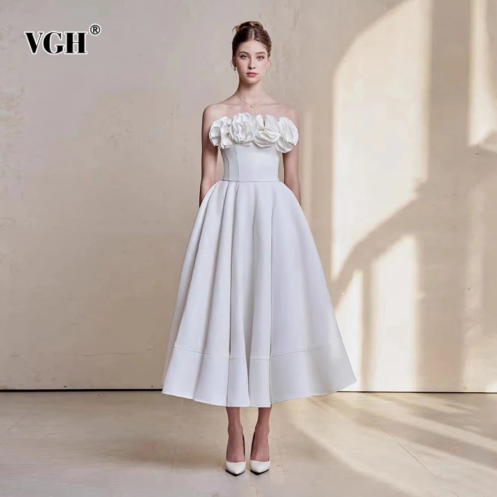 

VGH Solid Elegant Spliced Folds Princess Dresses For Women Slash Neck Sleeveless Backless High Waist Cute Dress Female Fashion