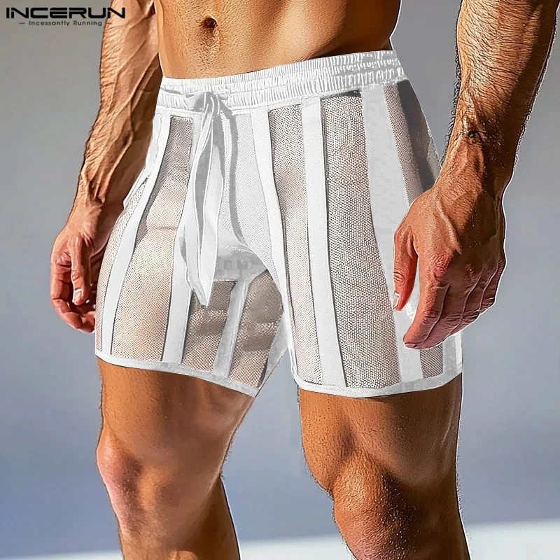 

INCERUN Men Shorts Mesh Patchwork Striped See Through Drawstring Men Bottoms Summer Streetwear 2025 Sexy Fashion Male Shorts