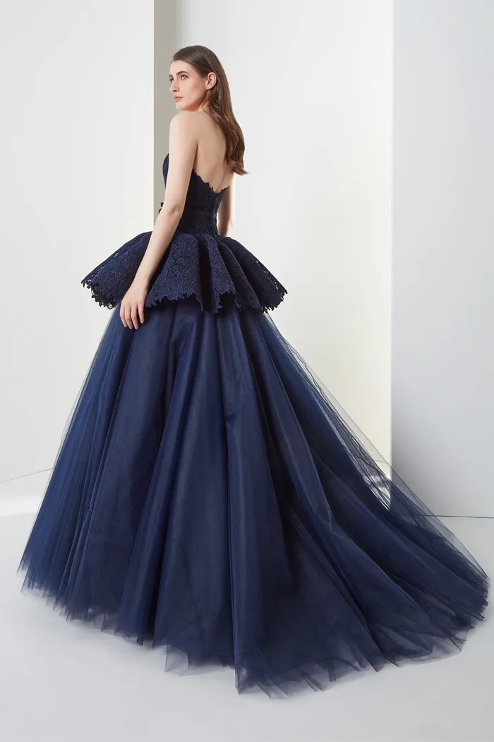 Navy Blue Formal Party Dresses Trendy Ruffled Lace 2 Pieces Prom Gown Maxi Dress with Detachable Tulle Underskirt فساتين السهرة