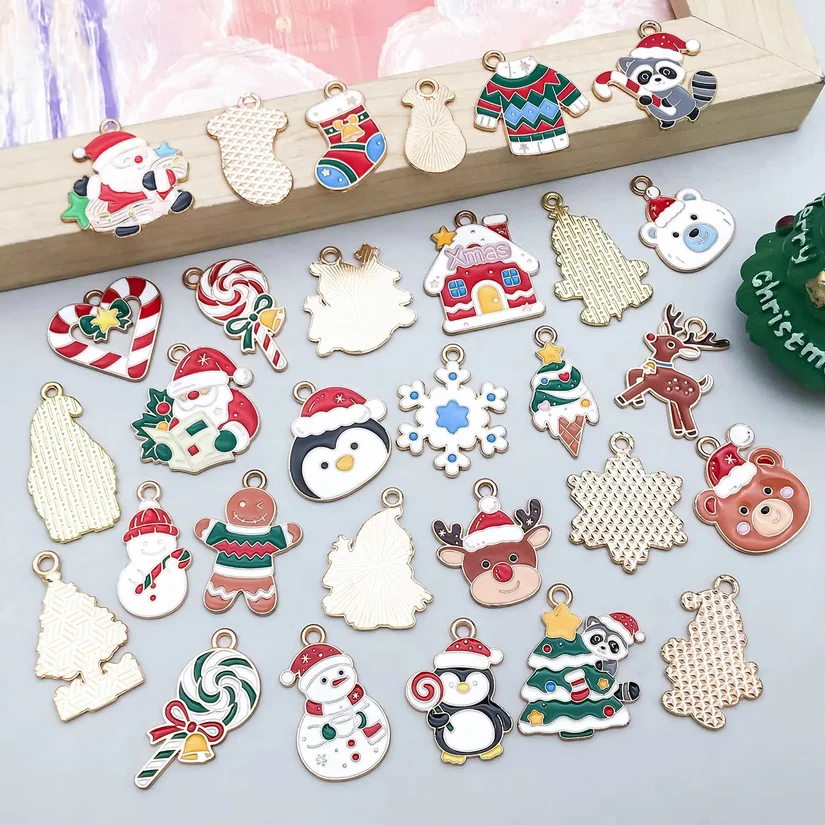 5pcs/30pcs Alloy Enamel Christmas Series Pendant Jewelry Making DIY Keychain Earrings Charms for Jewelry Bracelets Necklace