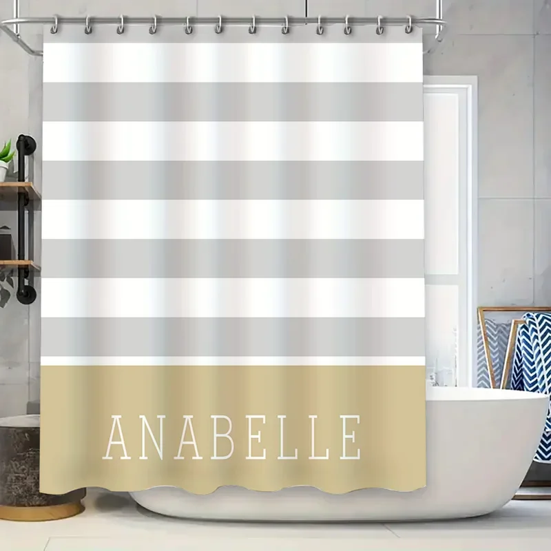 

Полосатая занавеска для душа на заказ, индивидуальное имя, декор для ванны, элегантный белый и бежевый цвет, полиэфирная ткань, водонепроницаемая занавеска для душа