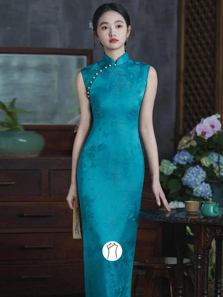 

Синий утягивающий длинный ципао, новый китайский Sle, высококачественная винтажная дышащая ткань с цветочным принтом, повседневная одежда, юбка с низким разрезом