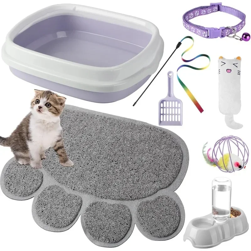 Kit de démarrage pour petit chaton, bac à litière avec pelle, patte de chat, polymères de litière, bols doubles automatiques