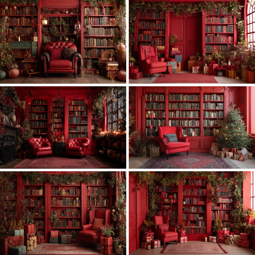 

Photography Background Vintage Christmas Red Bookshelf Wood Wall Xmas Tree Kids Family Portrait Decor Backdrop Photo Studio