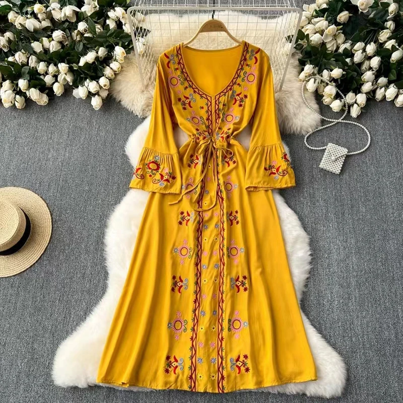 

Multicolor Sweet Retro Style Floral Embroidery A-line Dress Vacation Casual Women Sexy V-neck Beach Dress Everyday Elegance 2024