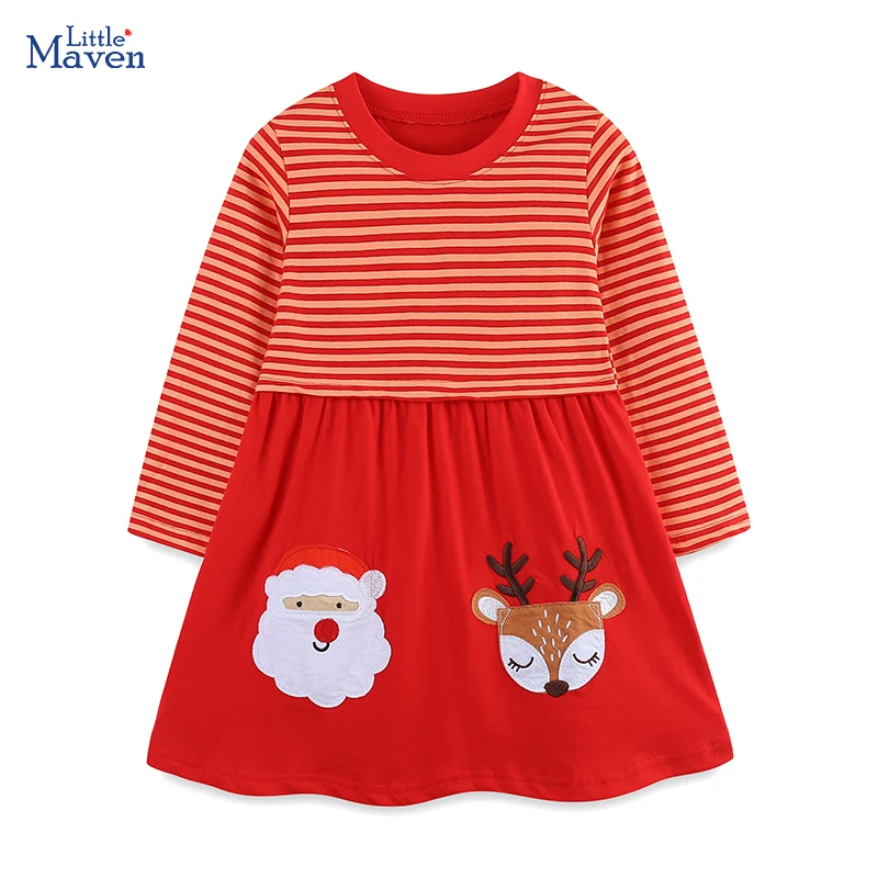 Little maven Kids Clothes Christmas Children\'s Clothing 2024 Autumn Girls Long Sleeves Cartoon Santa Claus Casual Dress Cotton