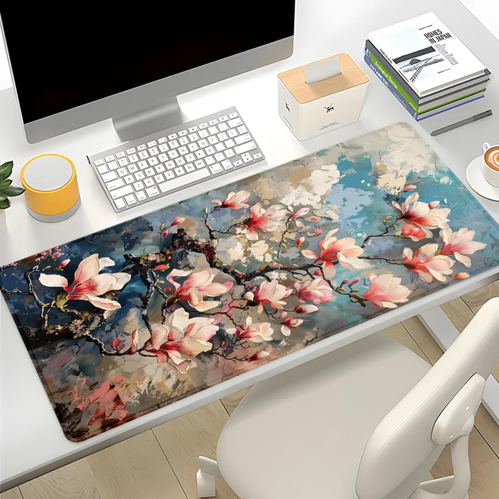 

Pink Cherry Blossoms Mouse Pad Desk Accessories Desk Pad Rubber Base with Stitched Edge Mousepad Non-Slip Deskpad for Office