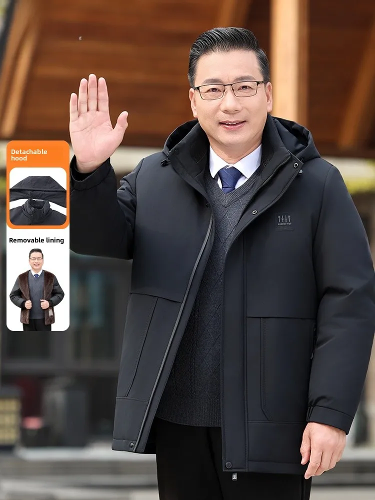 

Thiened Floing Cotton Jaet for Middle-Aged Men Winter Warm Removable Inner Polyester Fiber Stand Fit Busin Casual