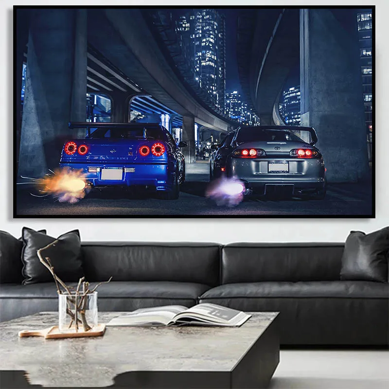 vintage style Skyline GTR R34 VS Vehicle Car art Poster Canvas Painting Wall Art Prints Picture Living Room Modern Home Decor