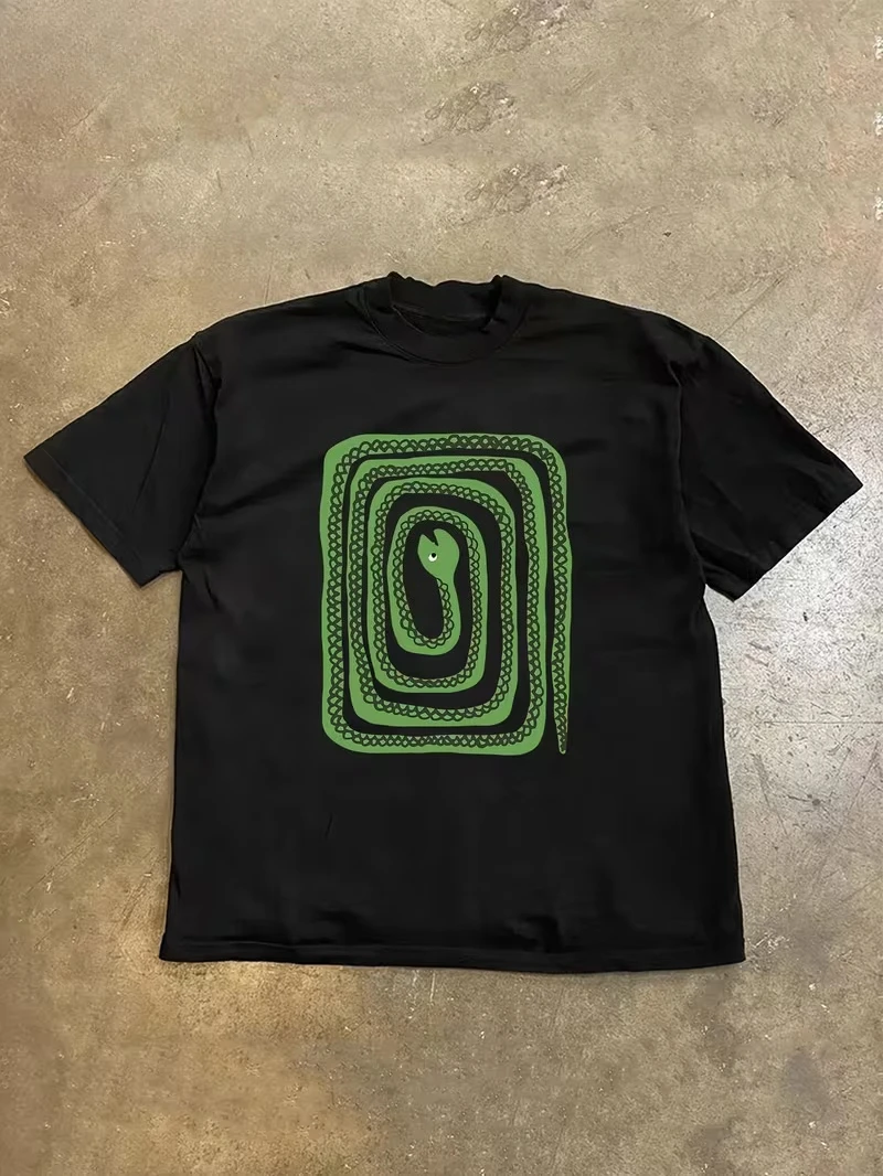 Unisex Creative Maze Snake Print T-Shirt, Trendy Graphic Crew Neck Short Sleeve Top, Casual Summer Streetwear Tee for Daily Wear