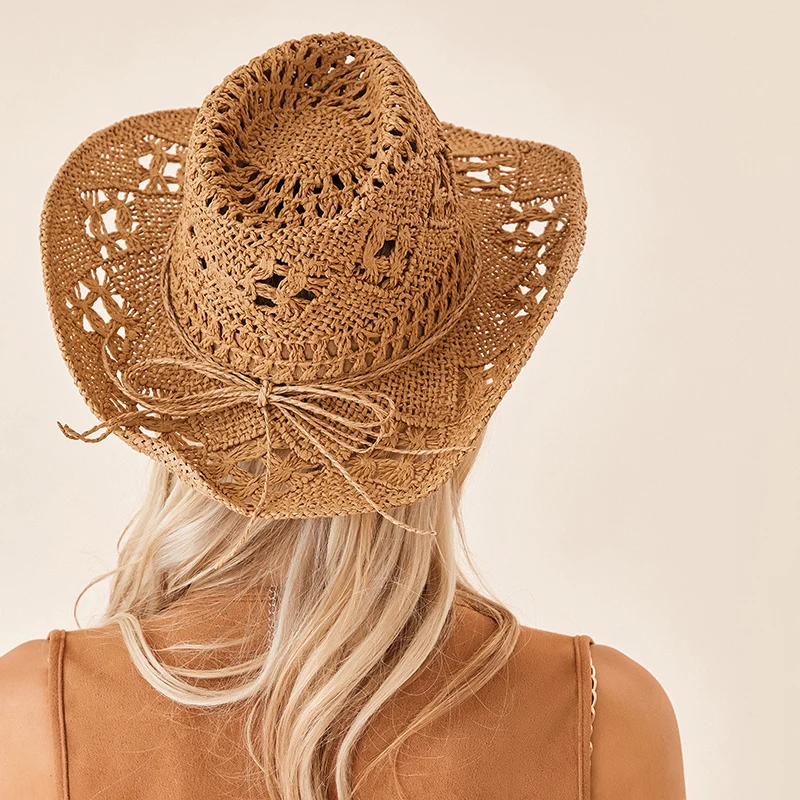 Men Women Western Cowboy Hats Summer Outdoor Hand-Woven Straw Hollowed Wide-brimmed Hat Breathable Beach Jazz Cap Sunhat