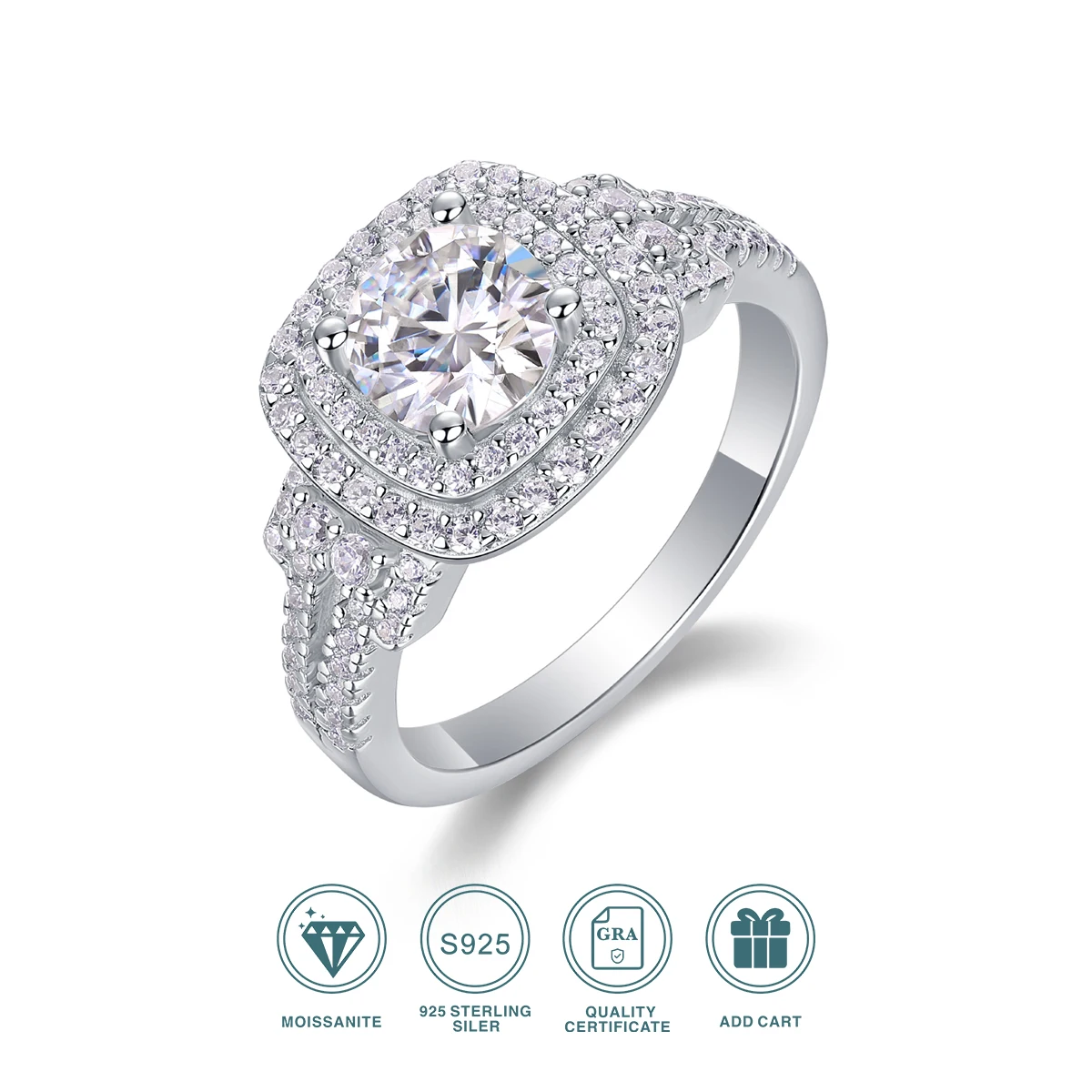 JIUZUAN 1Ct Moissanite Double Halo Ring, 18K White Gold Plated S925 Silver, Split Shank, Elegant Bridal Jewelry for Women