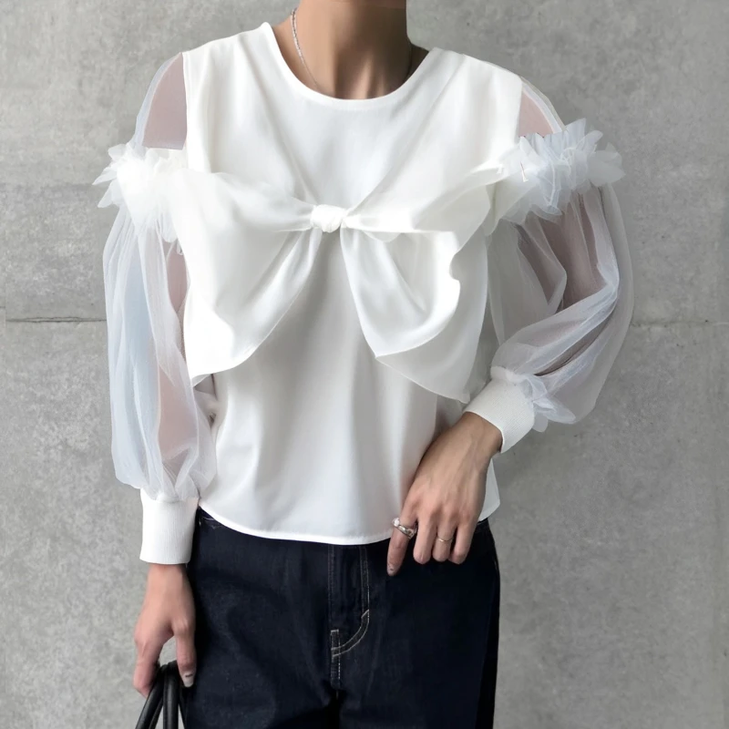 

2025 INS Spring Autumn New Mesh Splicing Shirt Women Korean Fashion O-Neck Long Sleeve White Blouse Ladies Tops Blusas De Mujer