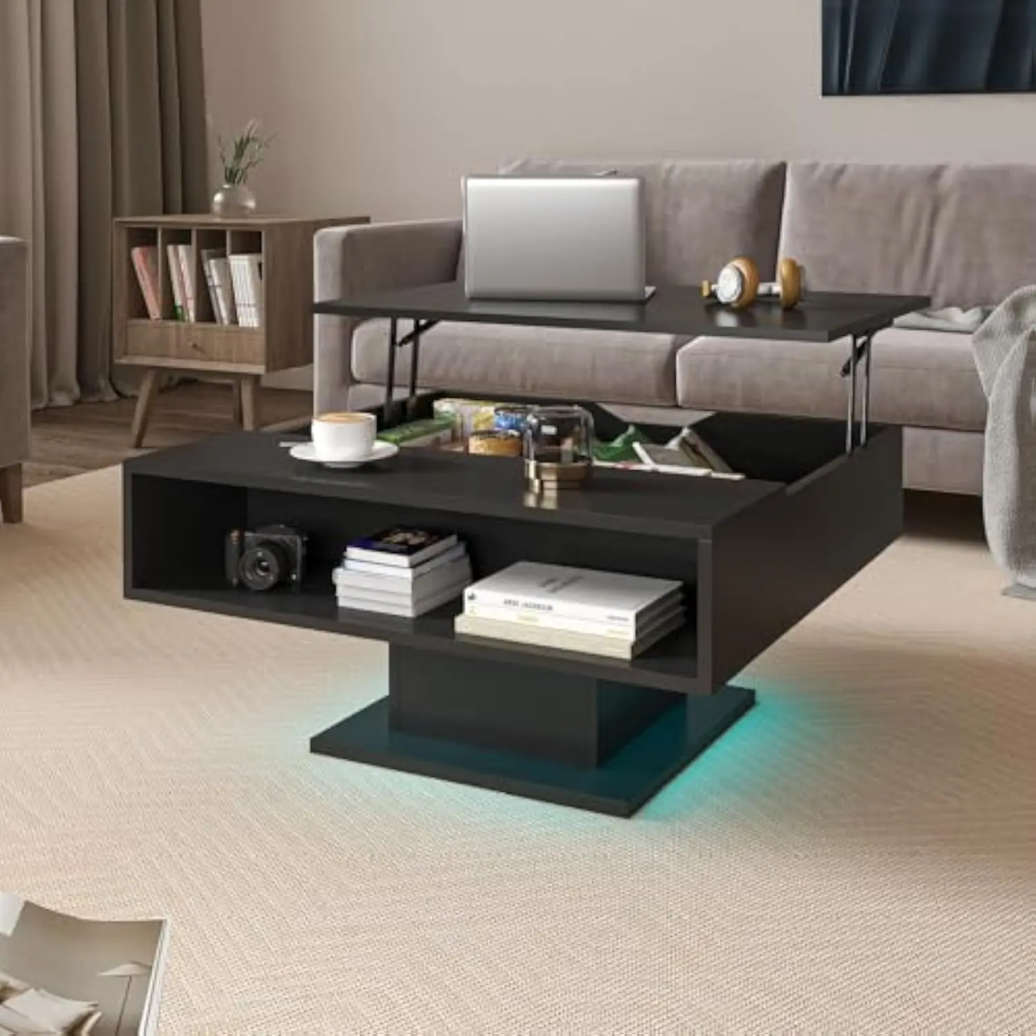 

30.7 Lift Top Coffee Table with Storage, Square Black Led Coffee Table with Large Hidden Storage, Wood Living Room Table Center