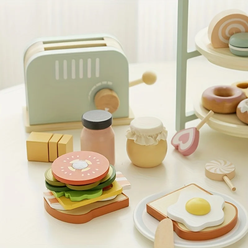 Houten ontbijtspeelgoedset met broodrooster - Kinderkeuken Rollenspel en vroege ontwikkeling Gesimuleerde ouder-kind interactie