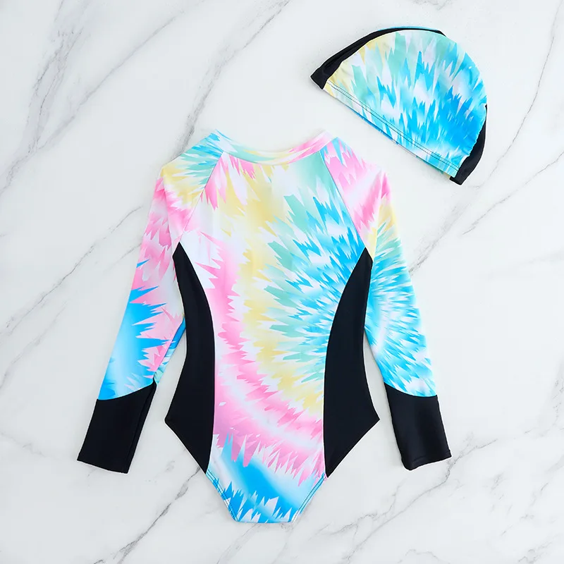 Long Sleeve Girls One Piece Swimsuit 7-12 Year Kids Swim Suit Teenage Children\'s Swimwear 2025 Patchwork Surf Bathing Suits Cap