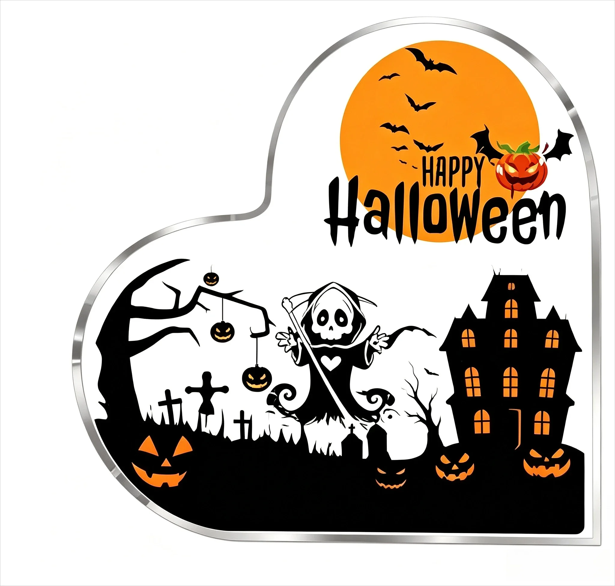 Happy Halloween Heart‑Shaped Acrylic Plaque, Grim Reaper Haunted House Pumpkin Table Decor
