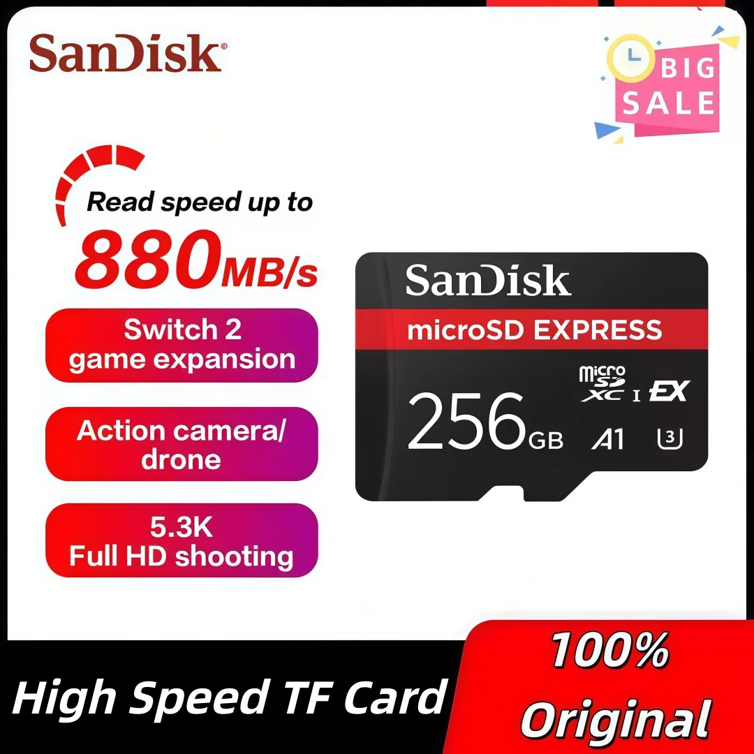 

Original SanDisk 256GB MicroSD Express Card A2 5.3K NVMe Max 880Mb/s TF Memory Card for Tablet UAV Switch 2 Micro SD Card