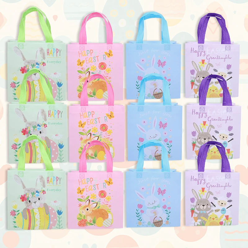 

4pcs Happy Easter Candy Gift Tote Bags Cartoon Bunny Rabbits Non-Woven Bags Cookie Package Easter Party Favors Pouch Decorations
