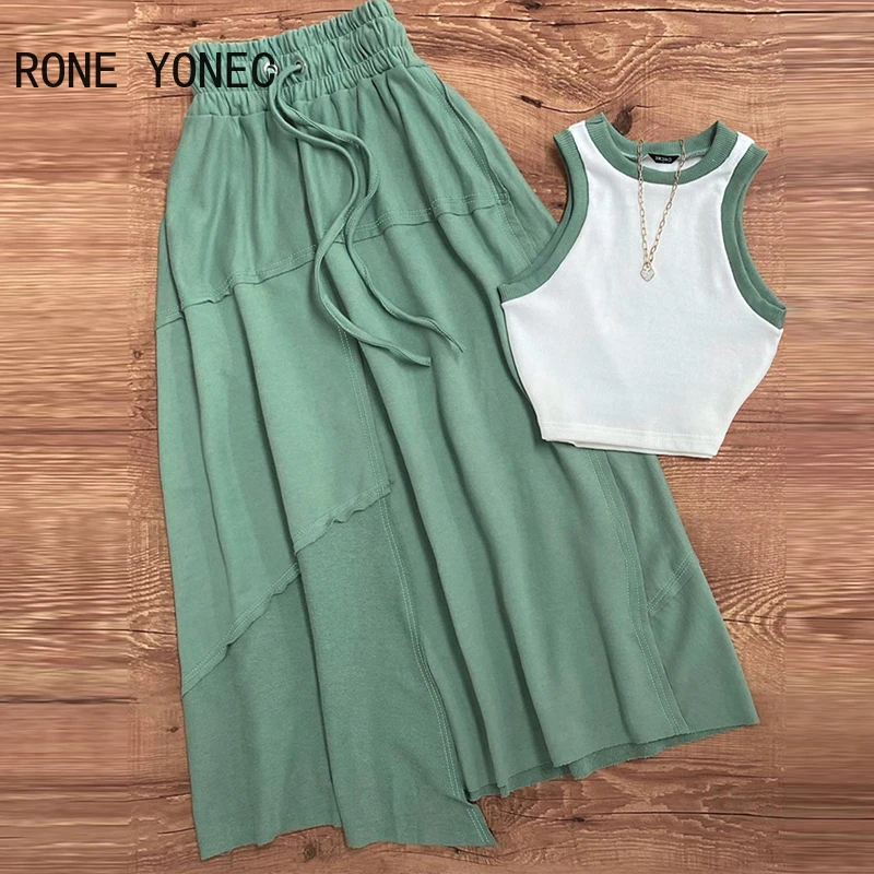 2024 Women Round Neck Crop Tops & Skirt Drawstring Maxi Vacation Skirt Sets