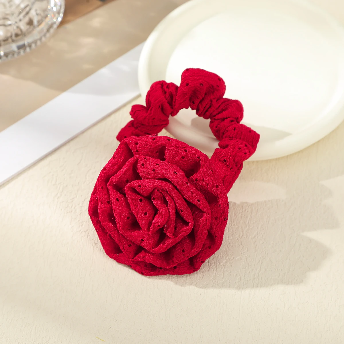 Women Red Rose Flower Elastic Hair Band For Women Girls Hair Rope Ties Flower Hair Scrunchie Ponytail Holder Hair Accessories