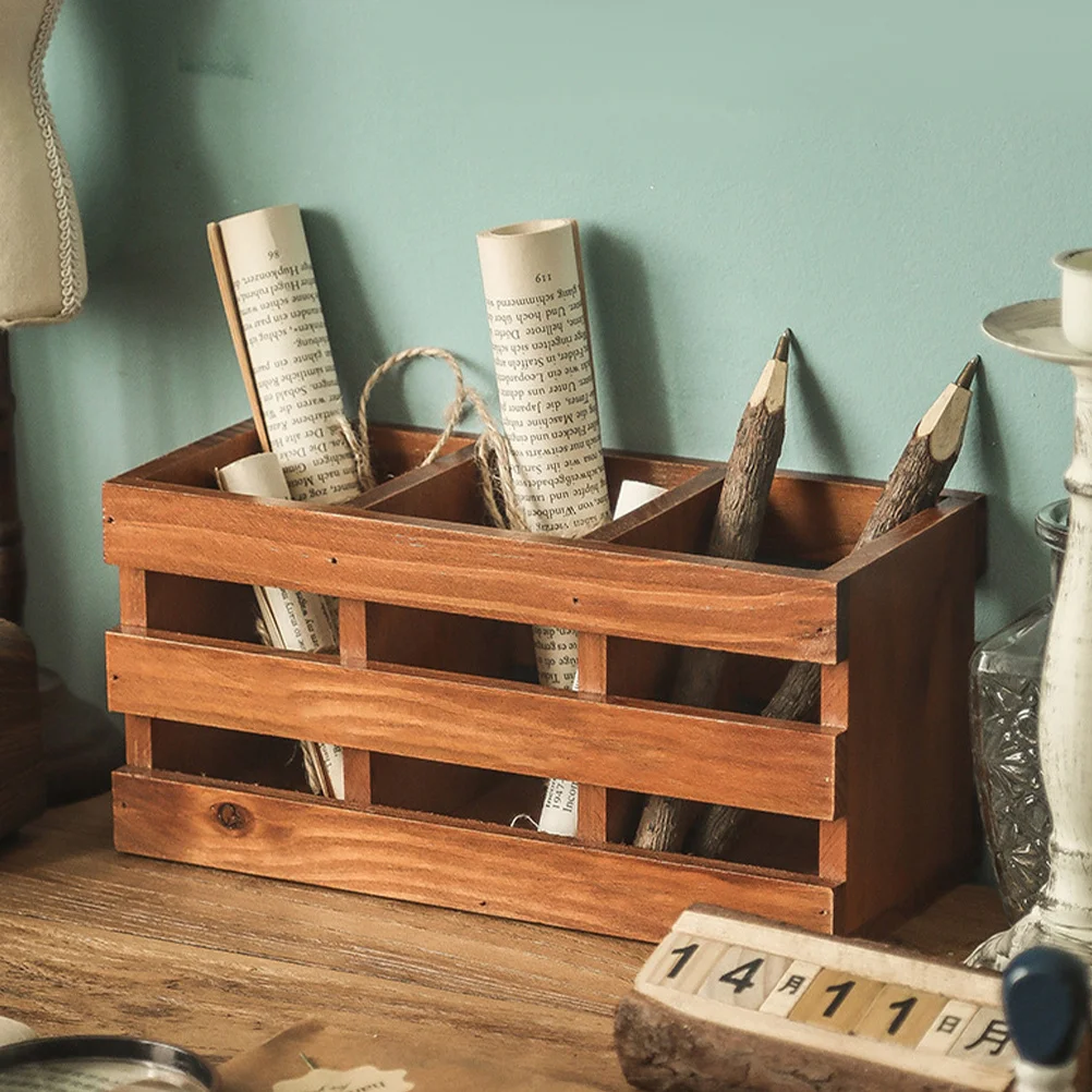 

Wood Storage Box Pen Holder Makeup Brush Organizer Desktop Compartments Holder for Remote Controls Cosmetics Office Storage