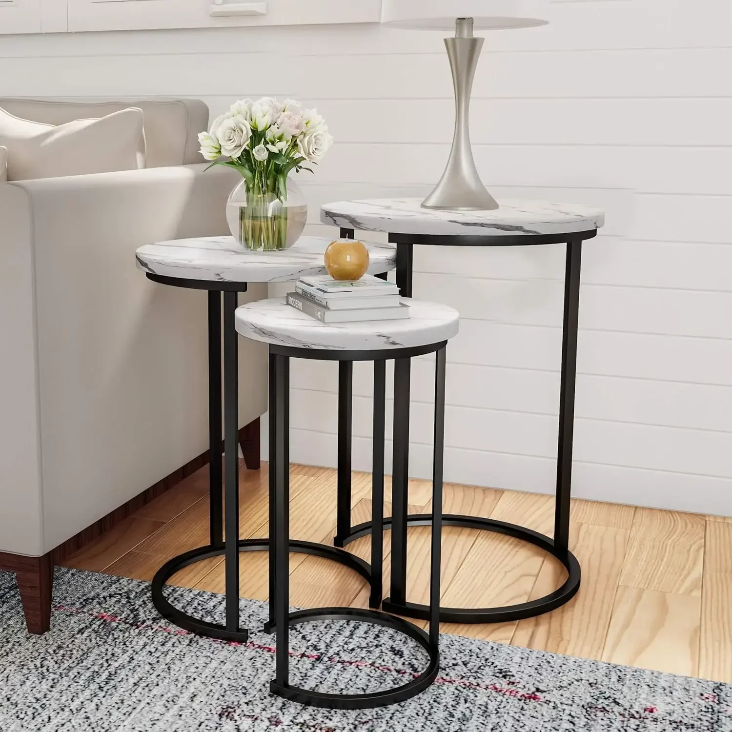 

Set of 3 Round Living Room End Tables – Modern Faux Marble Top and Black Metal Base Nesting Tables or Nightstands (White)
