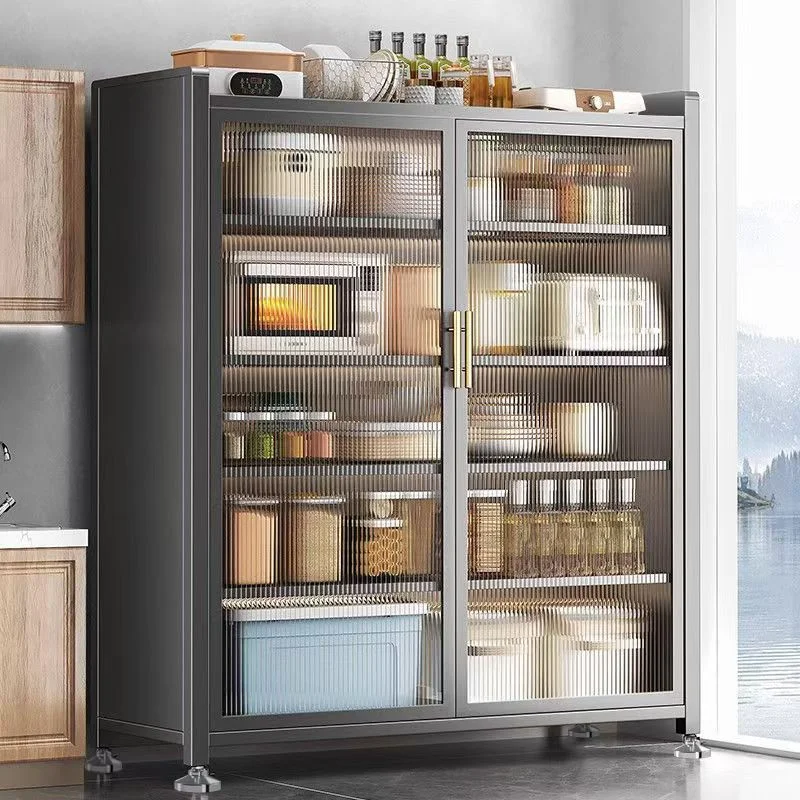 

WJ1 factory supply modern pantry sideboard kitchen cabinet 2 door metal bracket glass storage with wheels kitchen cabinet