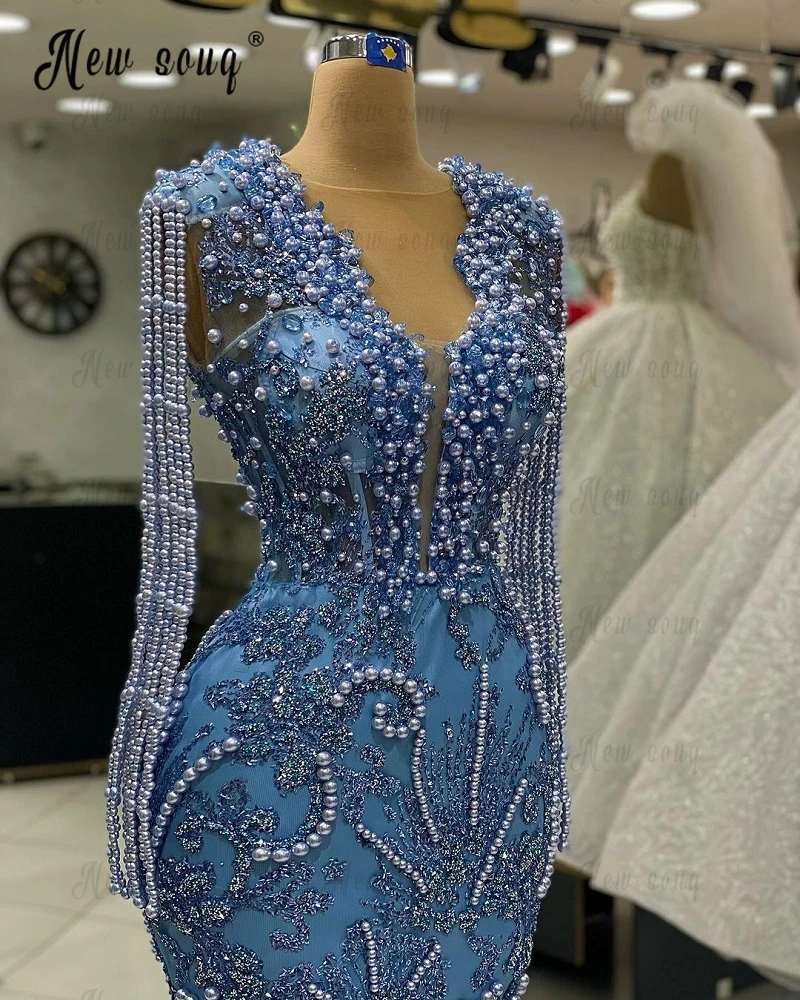 Vestido azul profundo com decote em V, recortado, borla de ombro, sereia longa, vestidos de casamento, perolização brilhante, vestido de baile, feito sob medida, 2023