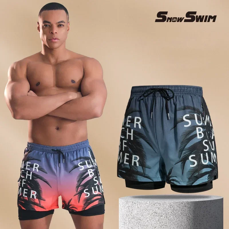 2024 Swim Trunks for Men Double-layer Boxer Shorts Anti-embarrassment Lined with Professional Beach Pants Adult Swim Gear