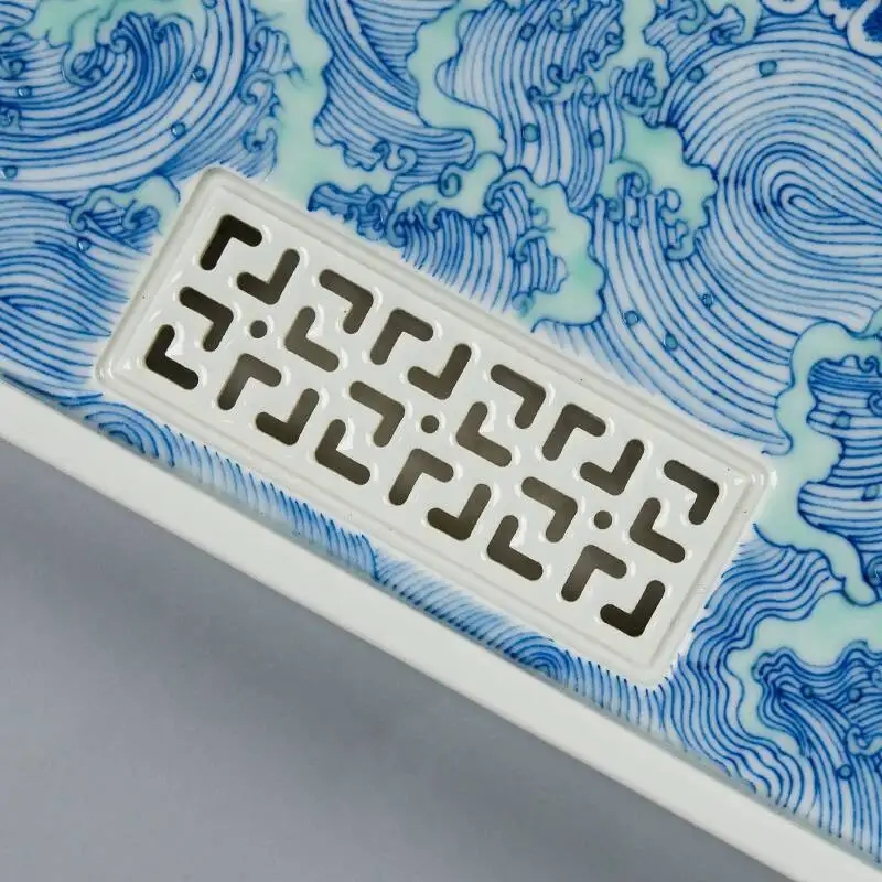 Holy Mountain Antique-Style Blue White Porcelain With Underglaze Color And Alum Red Dragon Playing In The Sea Pattern Tray,