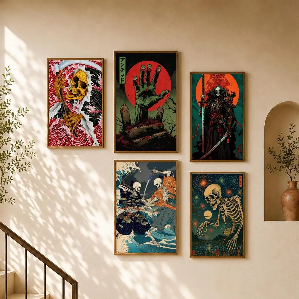 Japanese Skeleton Ukiyoe Dark Vintage Poster PP Self Adhesive Home Garage Dorm Bar Wall Decor Aesthetic Retro Gift