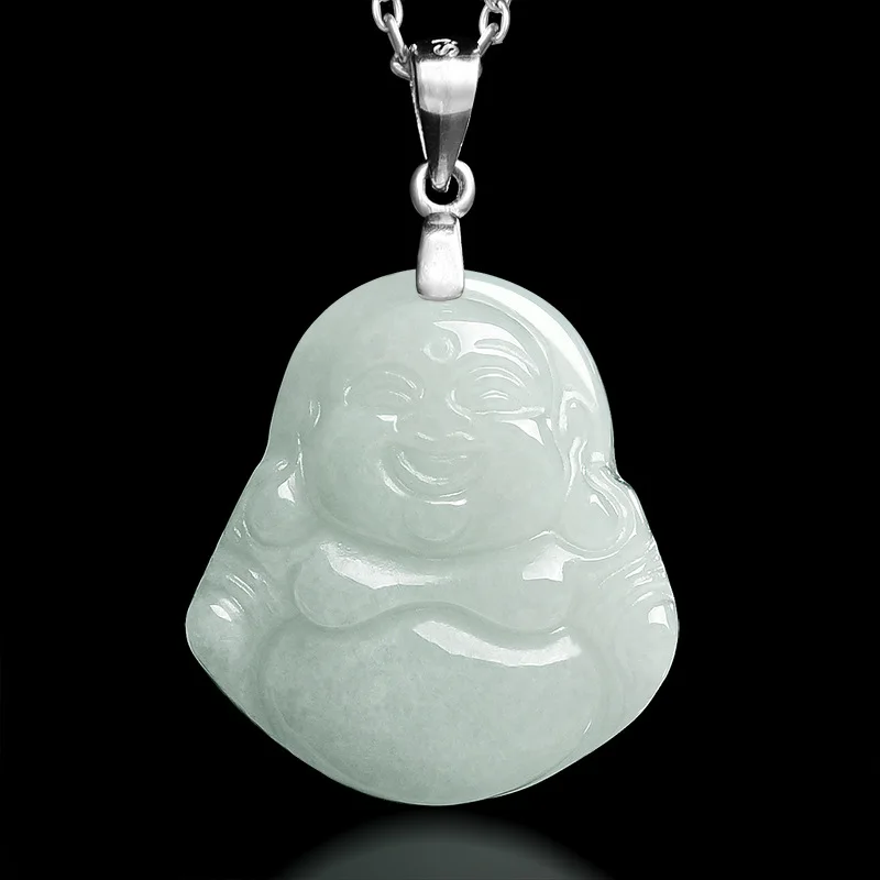 Natural Myanmar A-grade Jadeite Laughing Buddha Pendant with S925 Silver Necklace Ice Seed Jade Women's Jewelry Wholesale